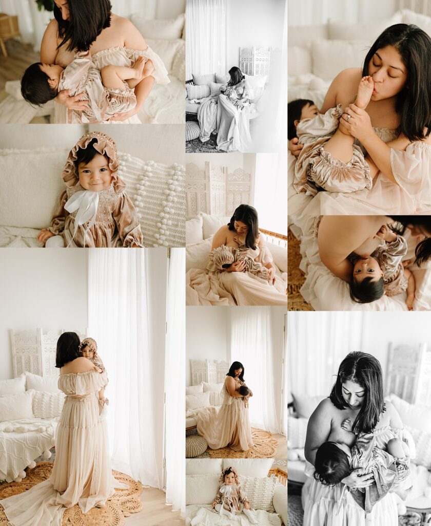 Mother breastfeeding her baby in cozy, elegant setting with white decor.