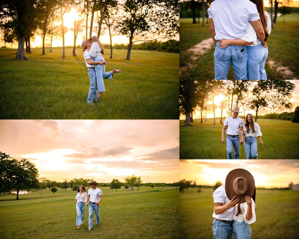couple running in a field in blue jeans and white shirts with a very cowboy theme