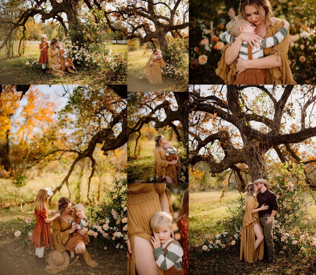 family dressed in fall colors in a pasture