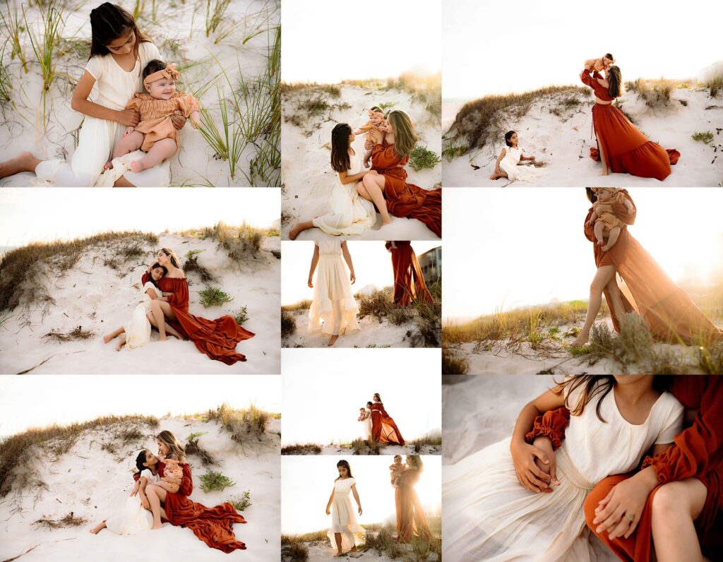mom with her daughters on the beach