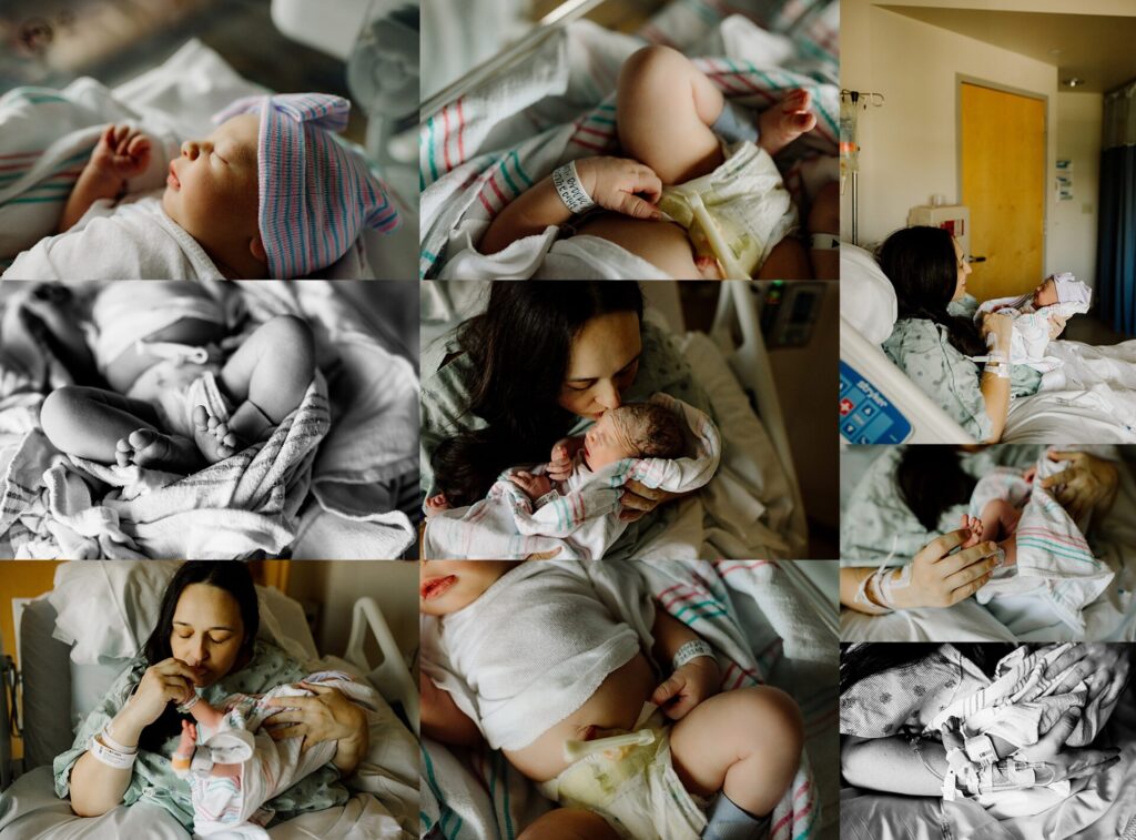 a mom looks over her newborn baby counting toes and kissing her in a hospital bed