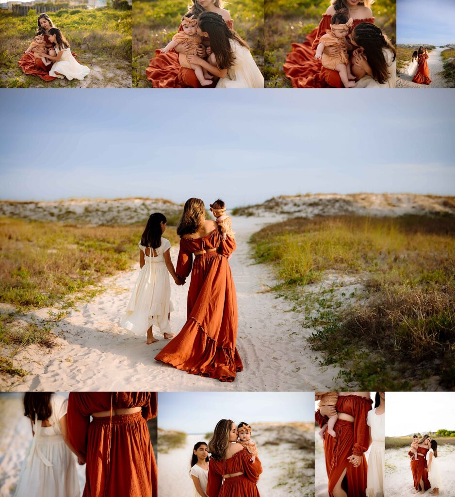 mom and daughters walking on the beach at sunset