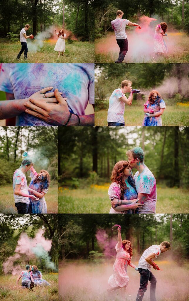 Couple laughing while tossing vibrant color powder during their engagement session outdoors