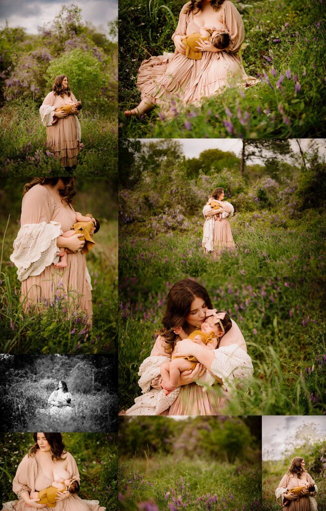 peaceful images of a mom snuggling on her 3 month old in a field