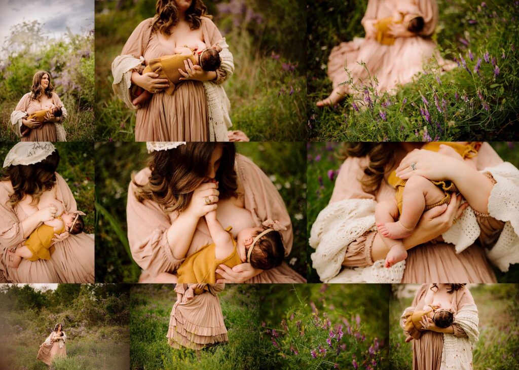 boho styled mom in a field nursing her three month old baby