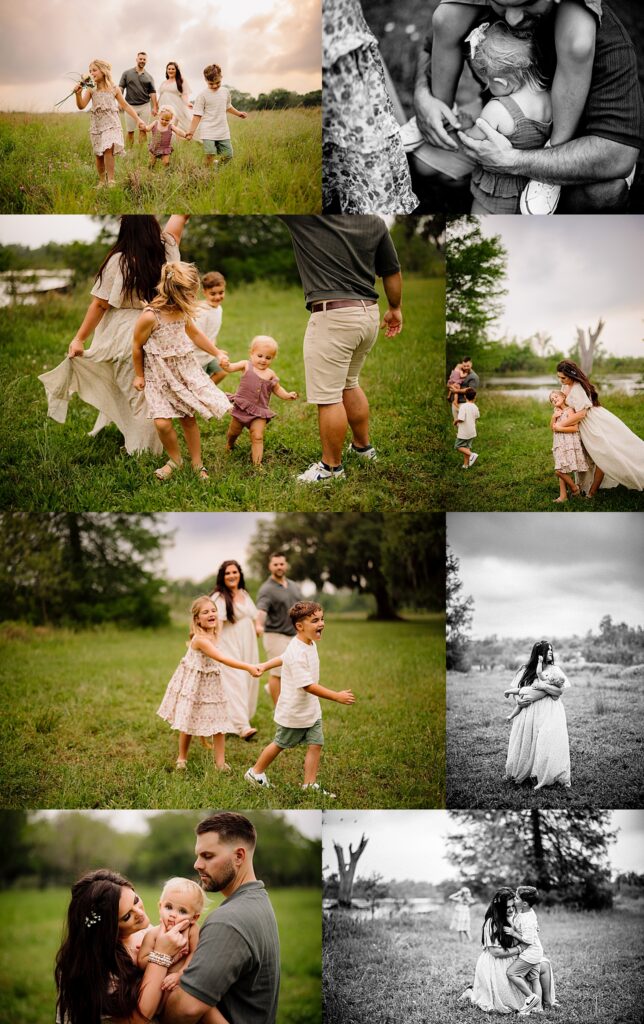 a family of five runs through an open field on a cloudy day