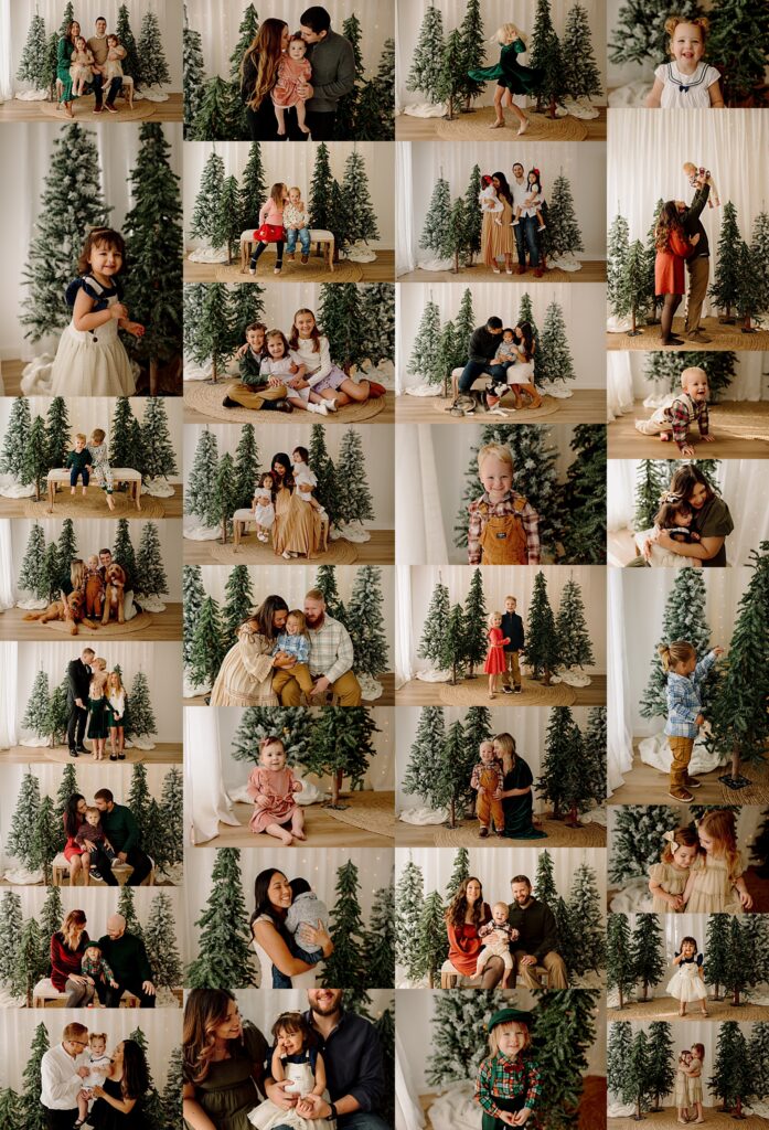 a collage of families posed in a studio with Christmas trees in the background