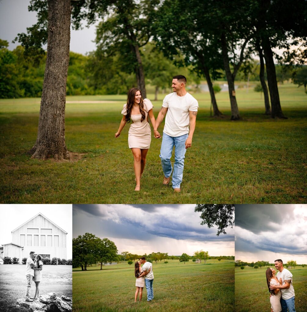 engaged couple with a rain storm on the horizon