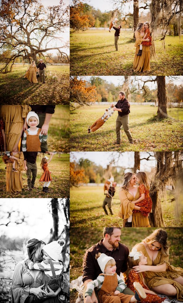 a family dressed in warm colors under an old oak tree playing and having fun