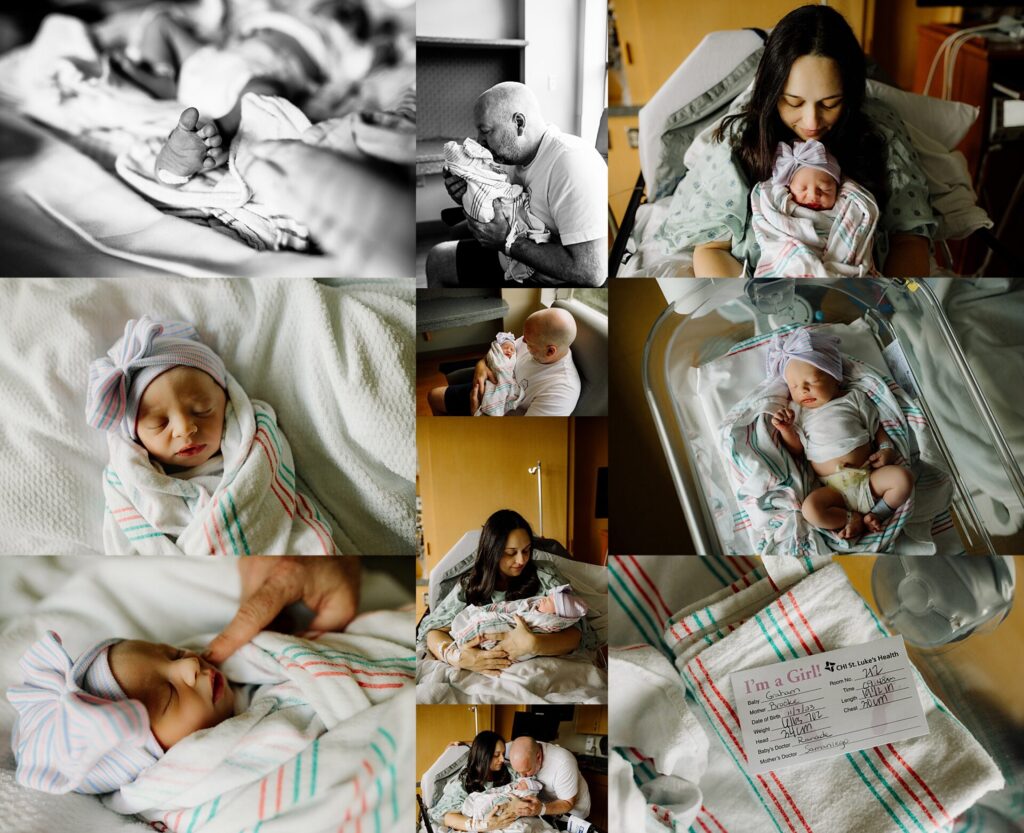 a mom and dad hold their newborn baby swaddled in the hospital just after birth