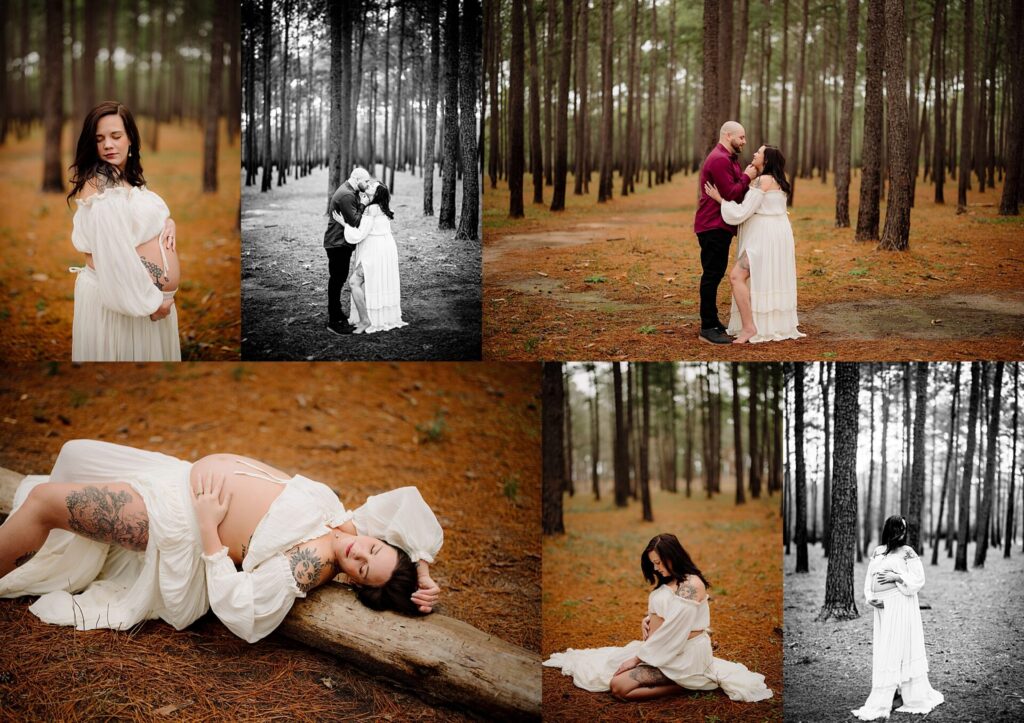a pregnant mother in a white two piece gown shows off her belly in a forest background