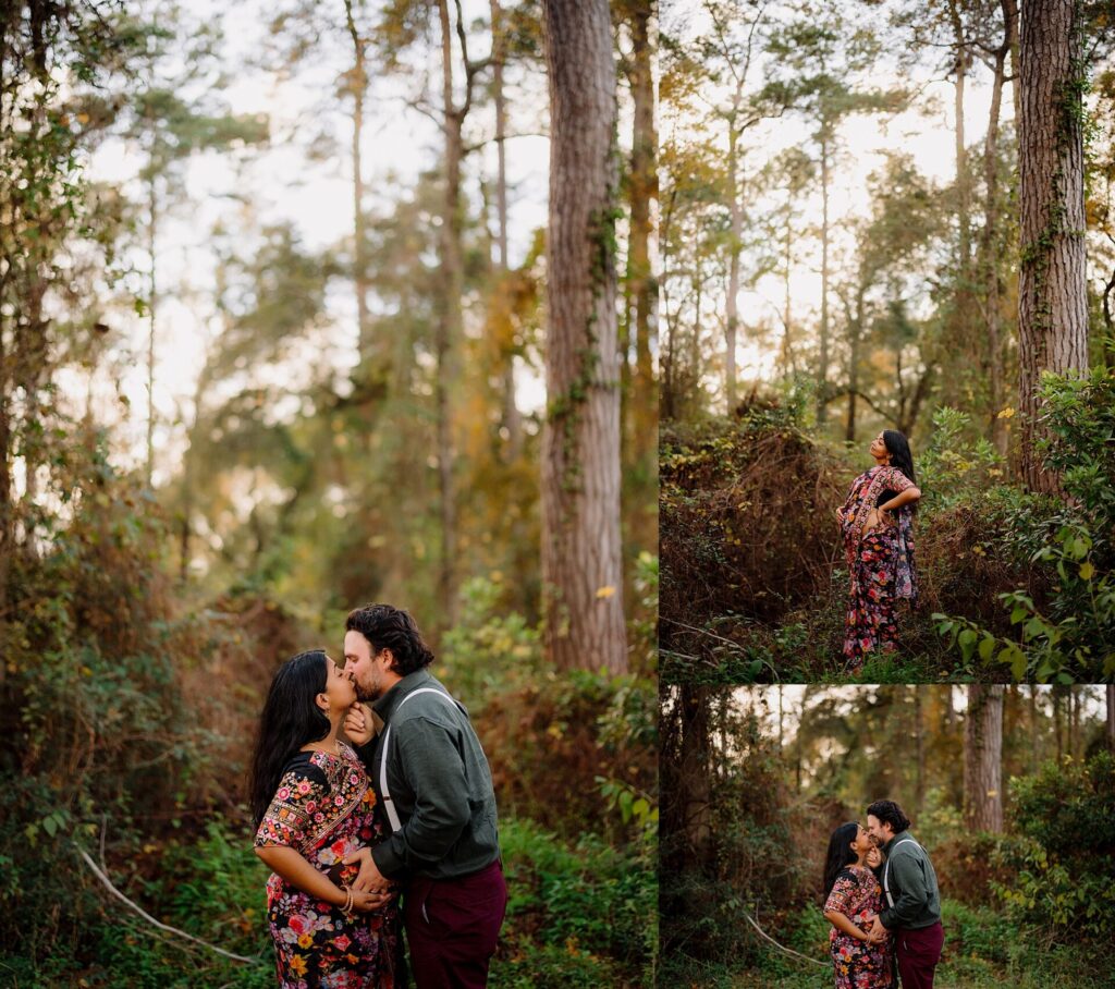 a couple expecting their first baby poses in the forest 