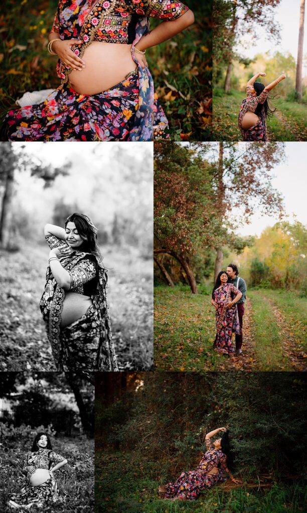 fall maternity photos taken with a couple in the woods