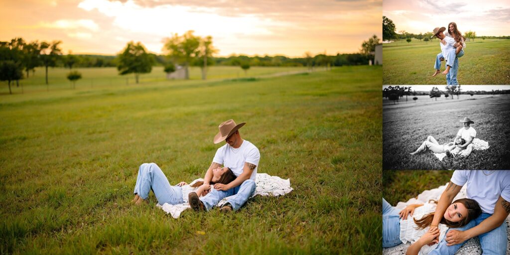 couple in white shirts and blue jeans with cowboy hats in a pasture