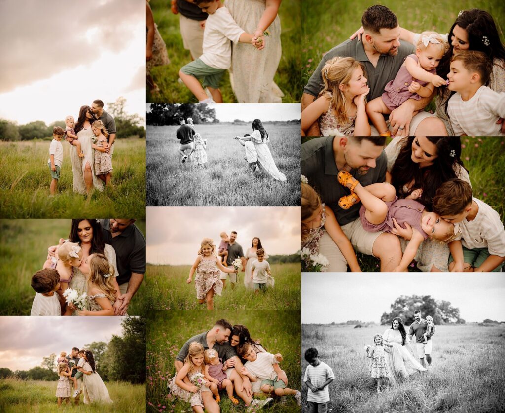 a family of five plays in an open field collecting flowers and playing chase together on an overcast day