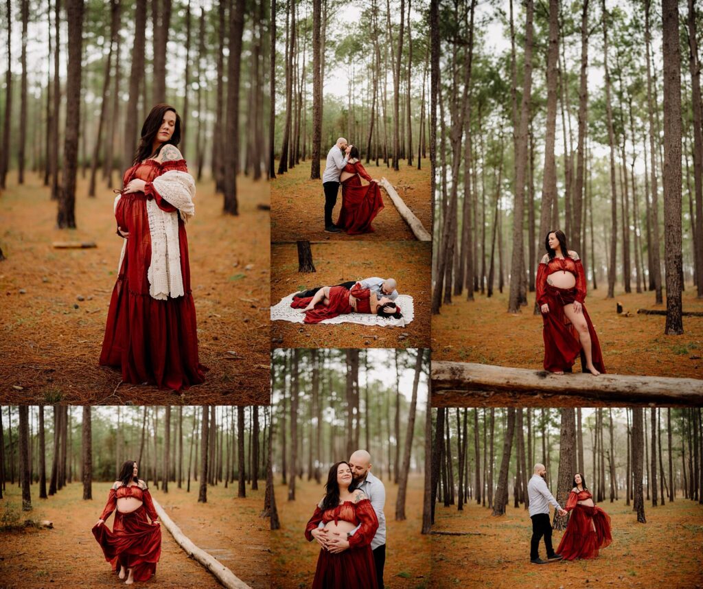 a couple expecting a baby pose in the woods with the mom wearing a red two piece dress