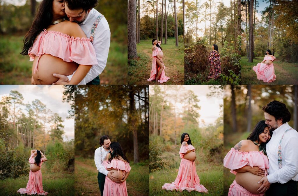 a pregnant couple in the woodlands poses in the forest together to celebrate their pregnancy 