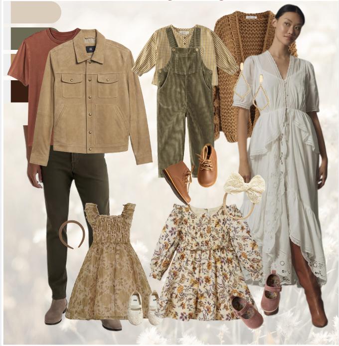 a simple style board of warm tans and creams with pops of orange