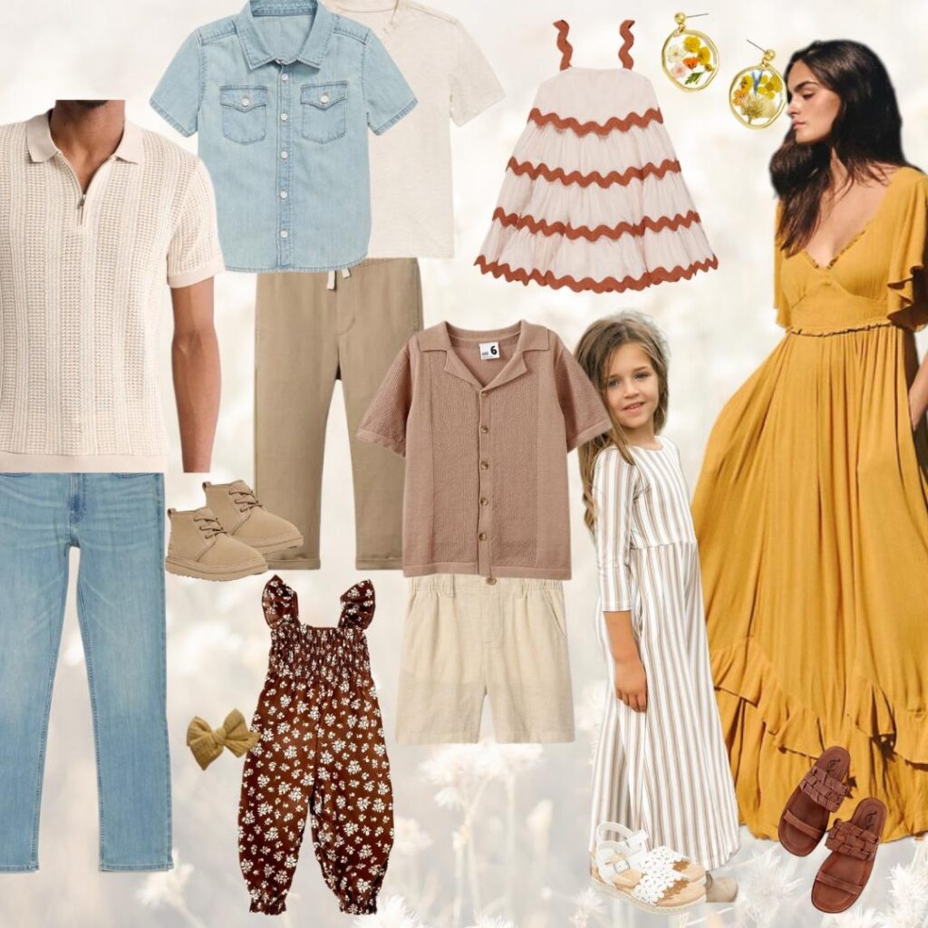 a style board with examples of warm tones to wear for a family