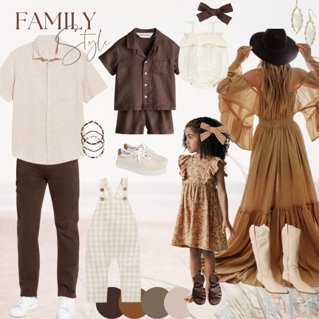 a moody warm and neutral clothing style board with examples of what to wear for family photos in bluebonnets