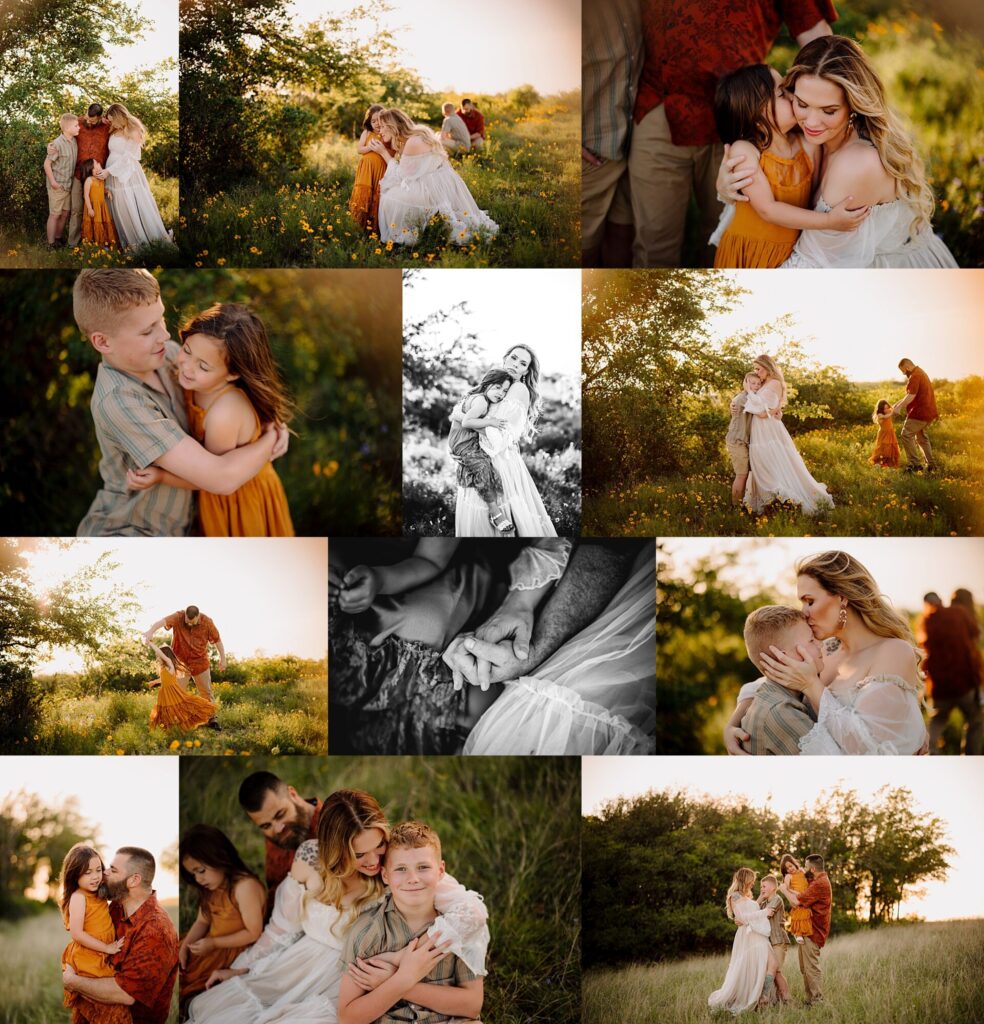 a sun kissed family plays and dances in a field of flowers 