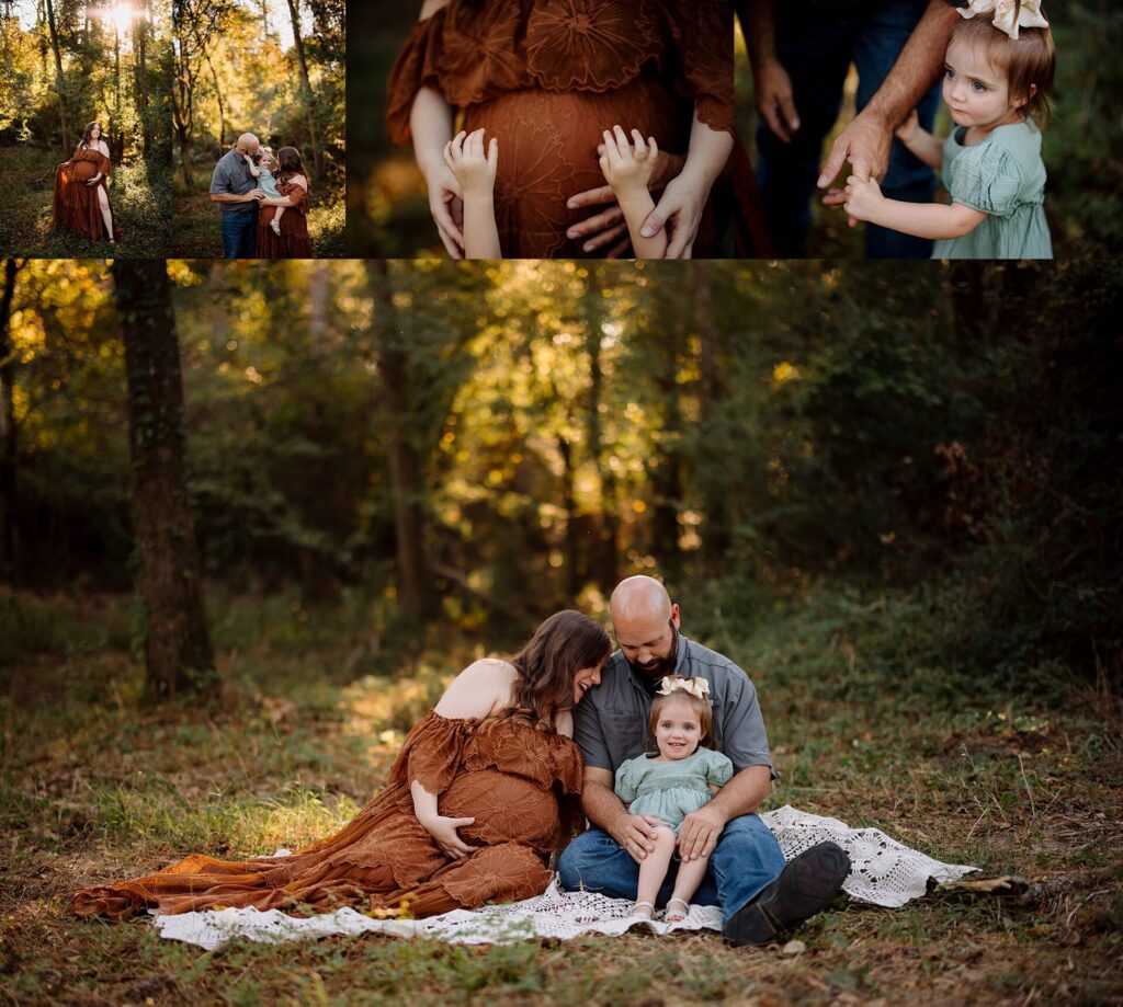 a family of three expecting their second child poses in the woods for family photos 