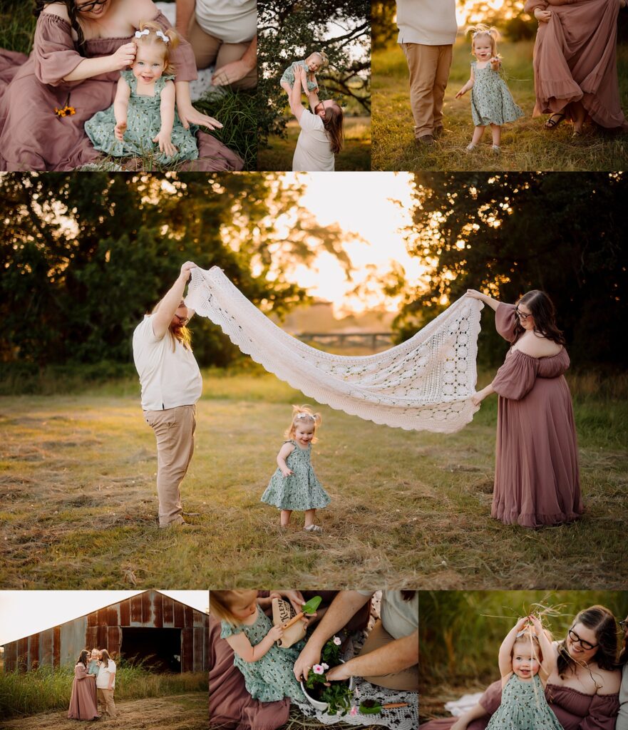 a family of three plays under an old oak tree in sunset
