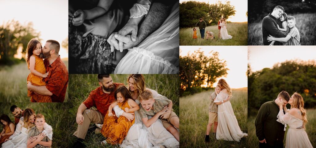 Family portrait with coordinated outfits in a natural outdoor setting.