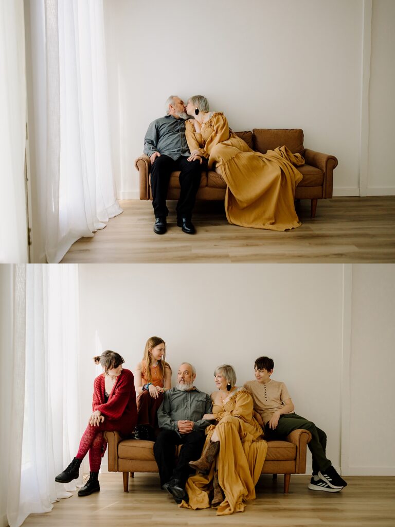 a family of five poses in a natural light studio in warm fall colors