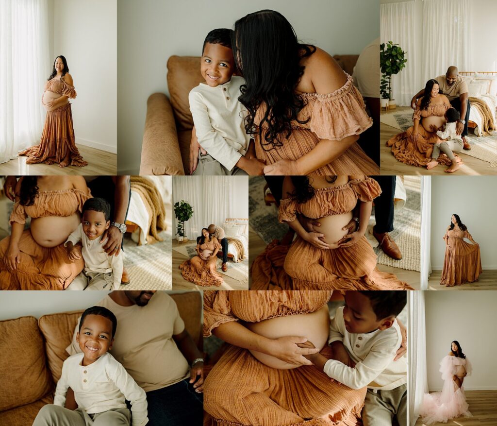 Pregnant woman with son during maternity photoshoot in cozy home setting.