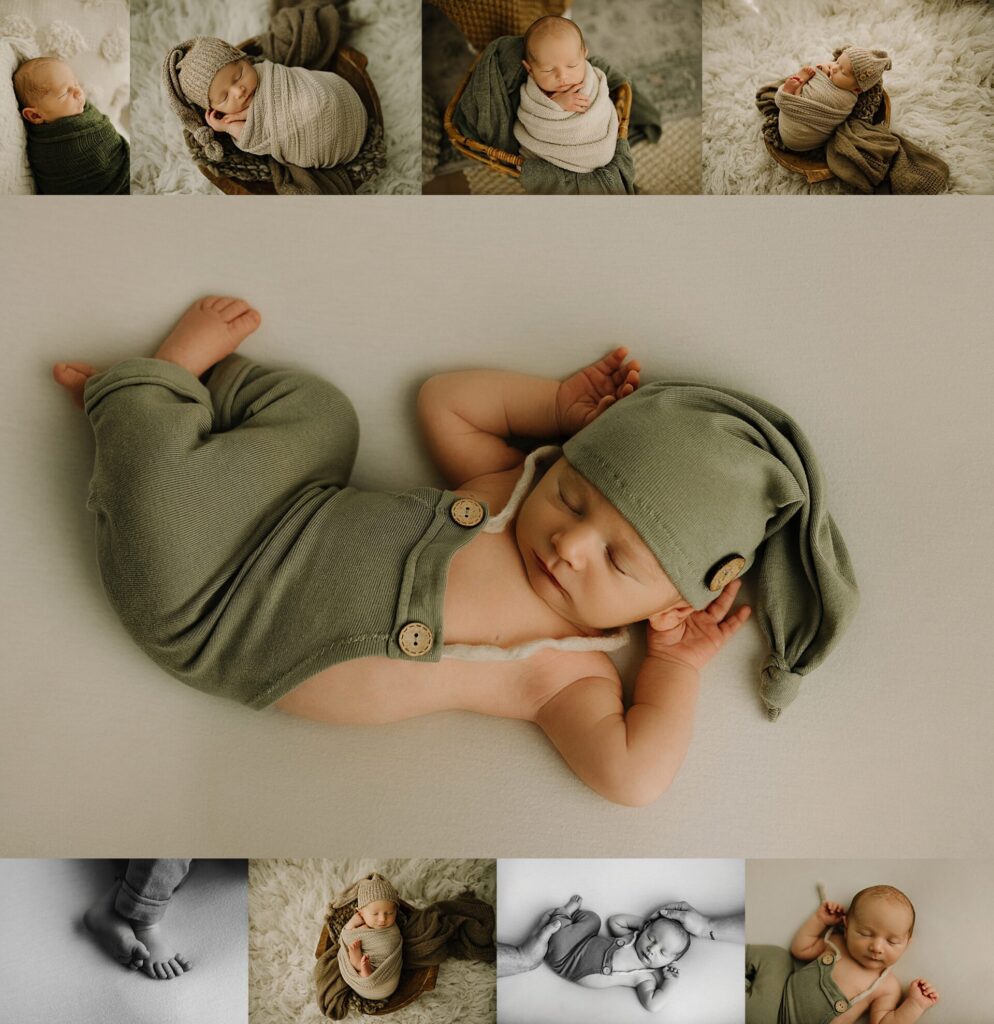 a newborn baby boy in green overalls sleeps on a blanket 