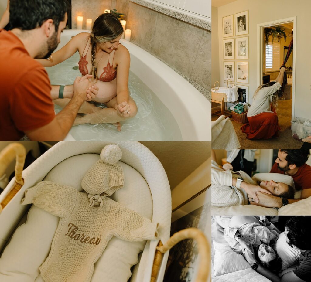 Pregnant woman with partner during water birth, capturing intimate moments.