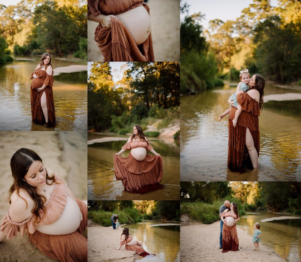 Pregnant woman in a flowing dress by the creek during sunset.
