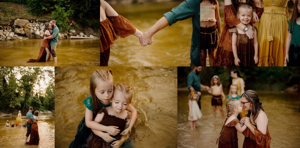 Family holding hands and embracing during a creek photoshoot.