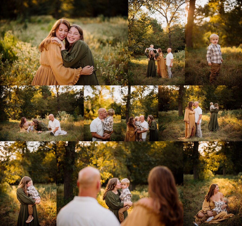 a family dressed in fall colors plays with the youngest family member in a field