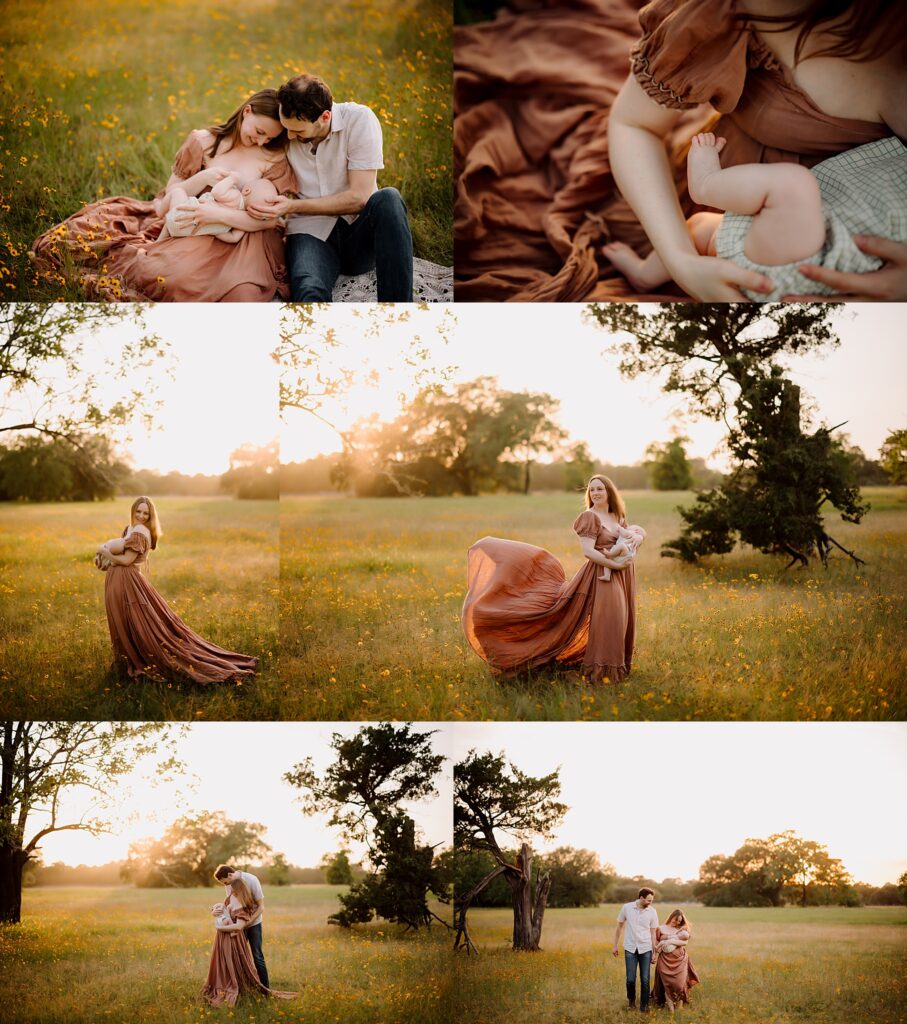 a mom in a rust colored dress nurses her baby in a field