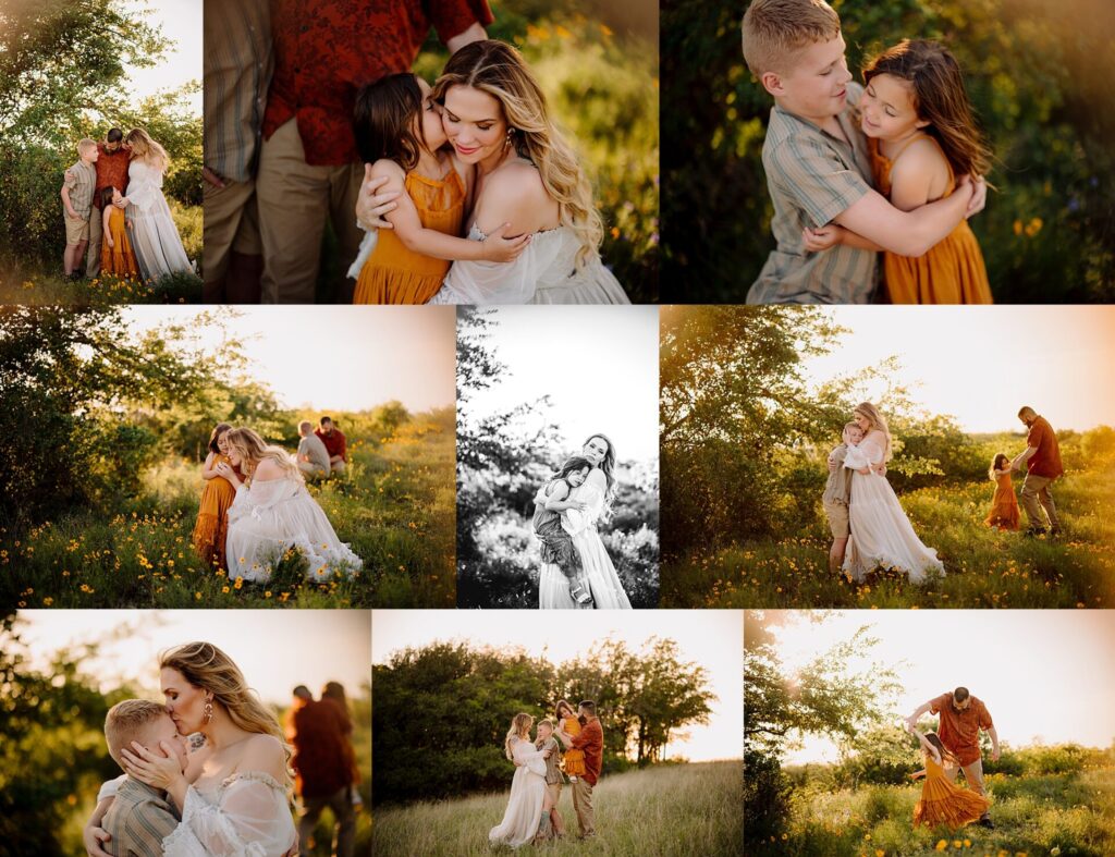 a family dances in a field of yellow flowers