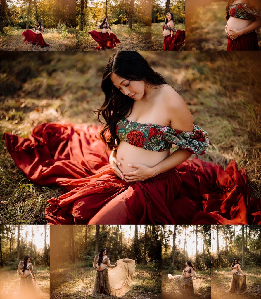 Beautiful maternity photoshoot featuring a pregnant woman in a flowing red dress outdoors.