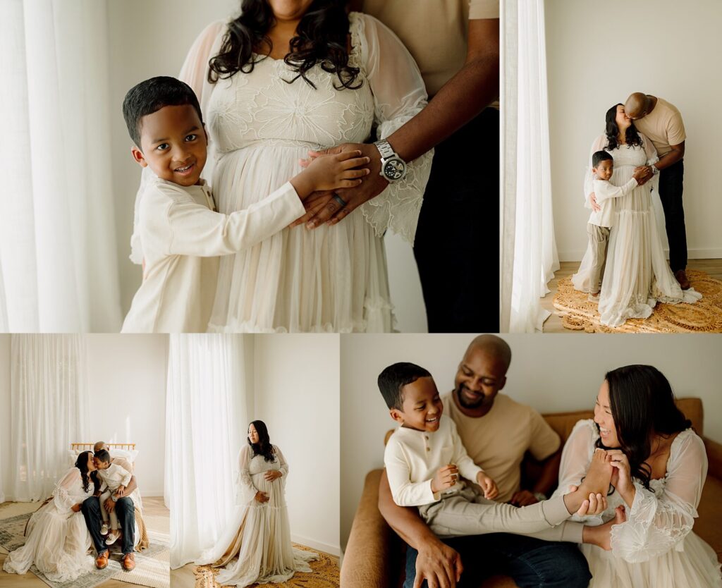 Pregnant woman with family during a studio maternity photoshoot in The Woodlands.