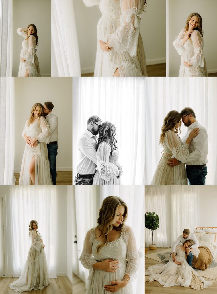 wearing a tulle flowing lace covered gown, an expecting mom poses in a natural light airy studio 