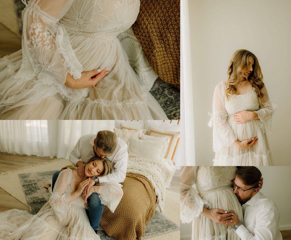 an expecting couple pose for maternity photos in a natural light studio 