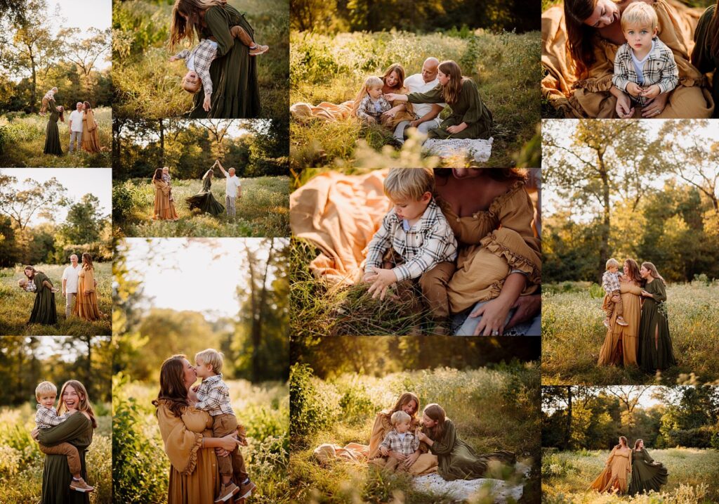 a mom and daughter dote on a toddler son with kisses and picking flowers in a field 