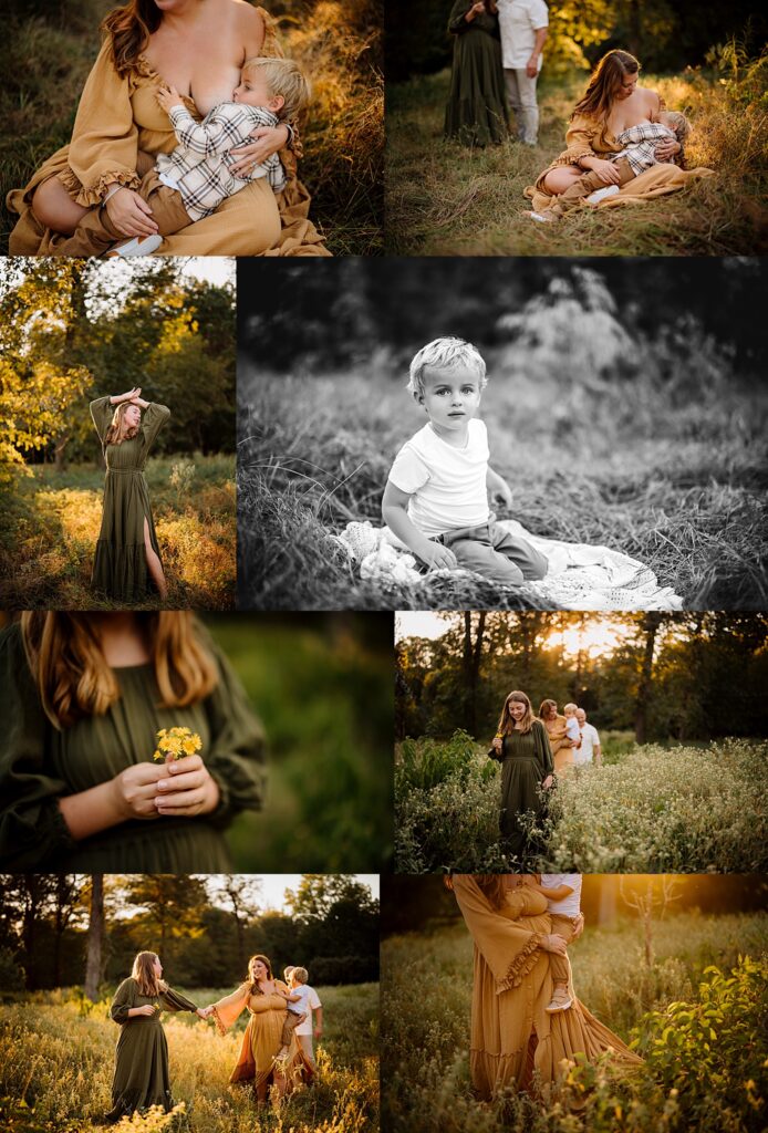 a mom in a warm rust colored dress nurses her toddler son during their family photo session