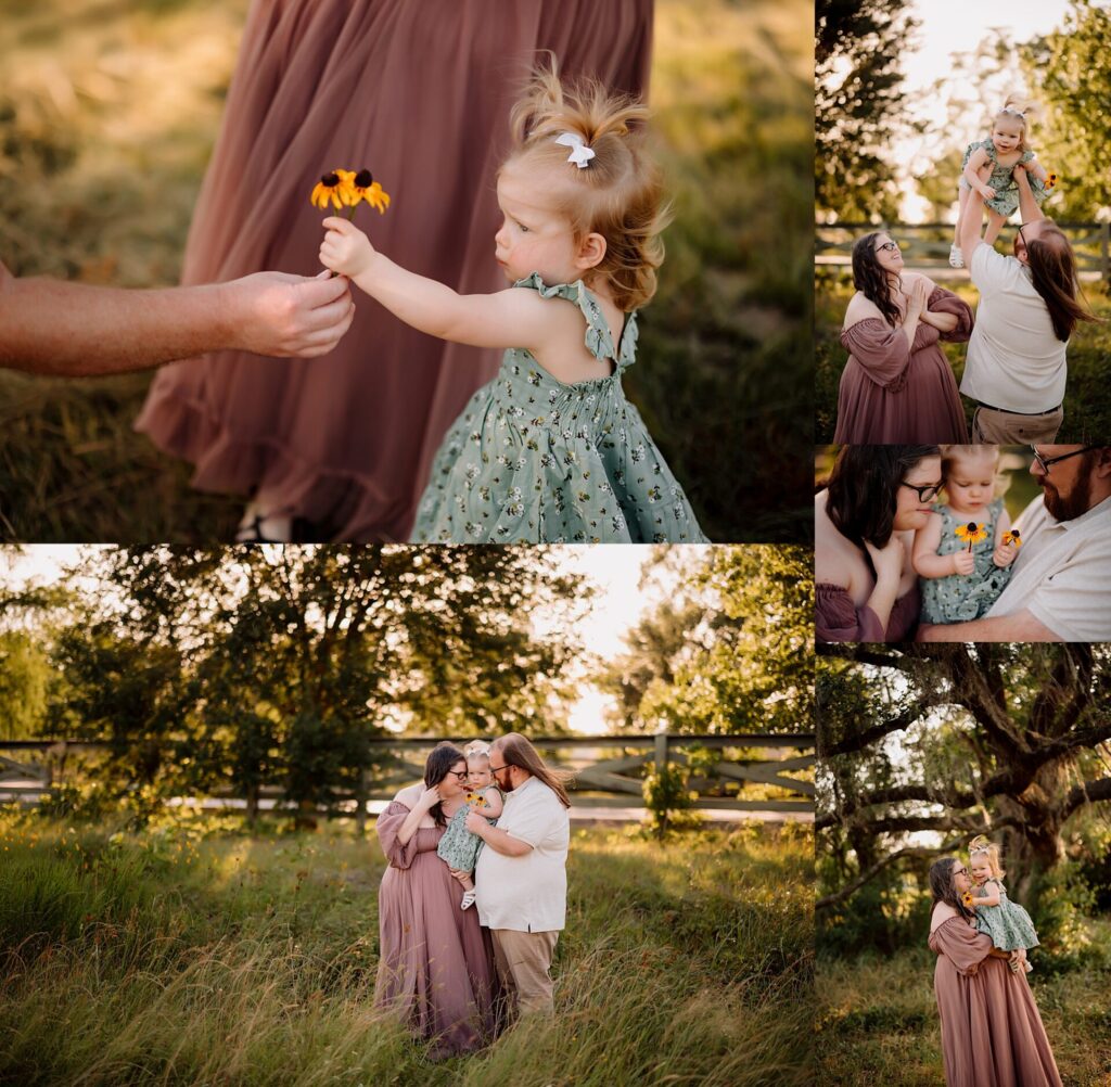 Family enjoying outdoor photoshoot in a scenic park setting.