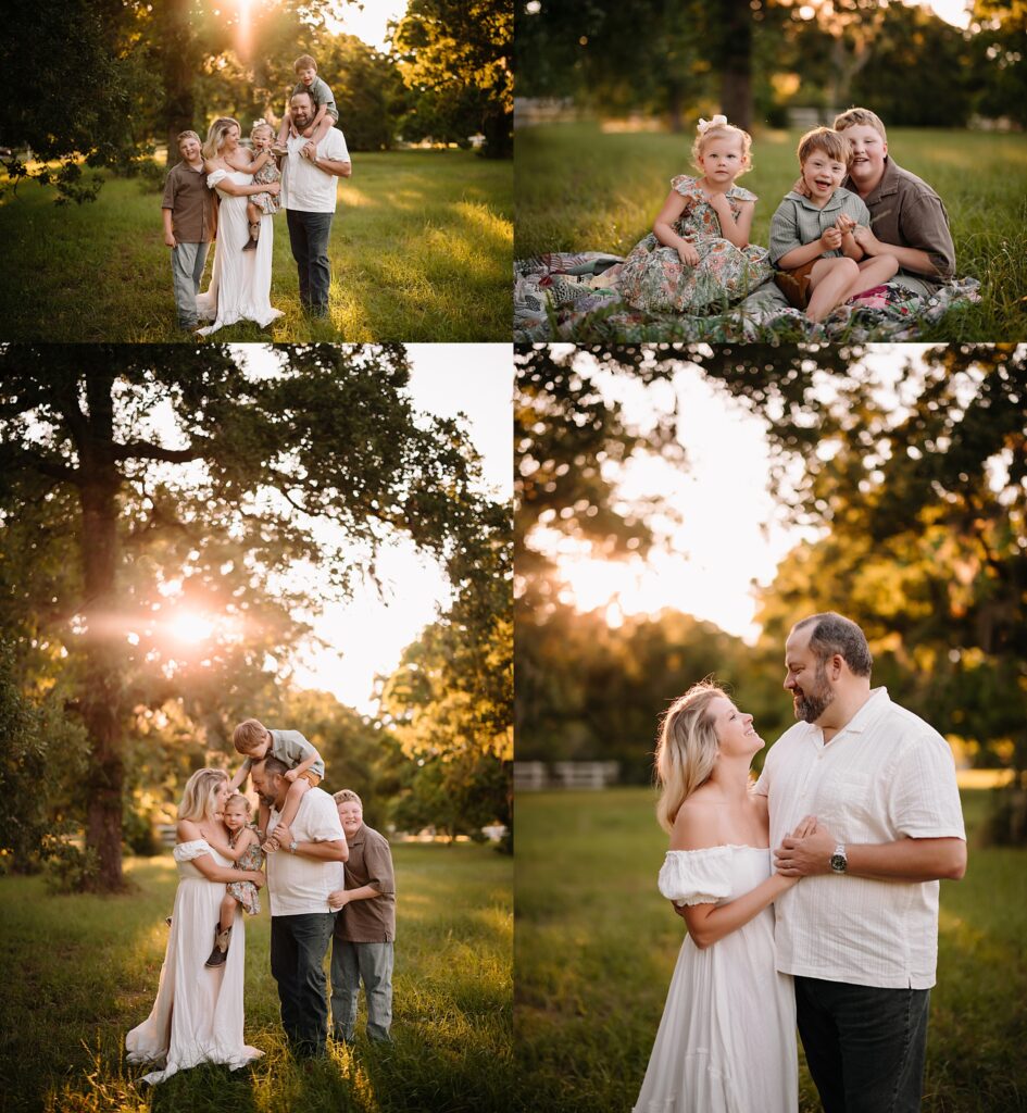 Beautiful family portrait capturing joyful moments outdoors in warm sunlight.