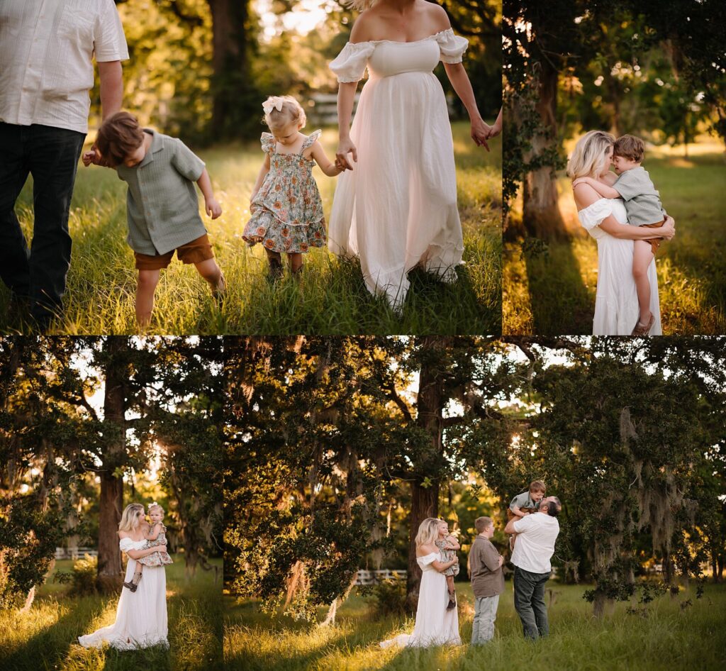 Inclusive family photos with children of all abilities in a natural outdoor setting.