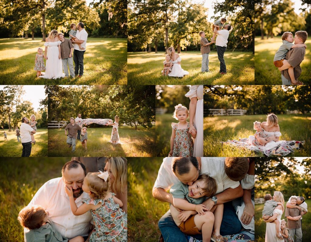 Family enjoying candid moments together in a park setting.