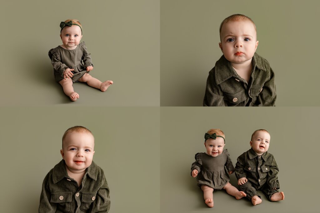 A baby girl and two baby boys sitting and standing against a neutral background.