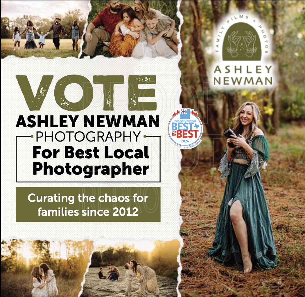 Family portrait of a young woman in a teal dress outdoors, promoting Ashley Newman Photography.