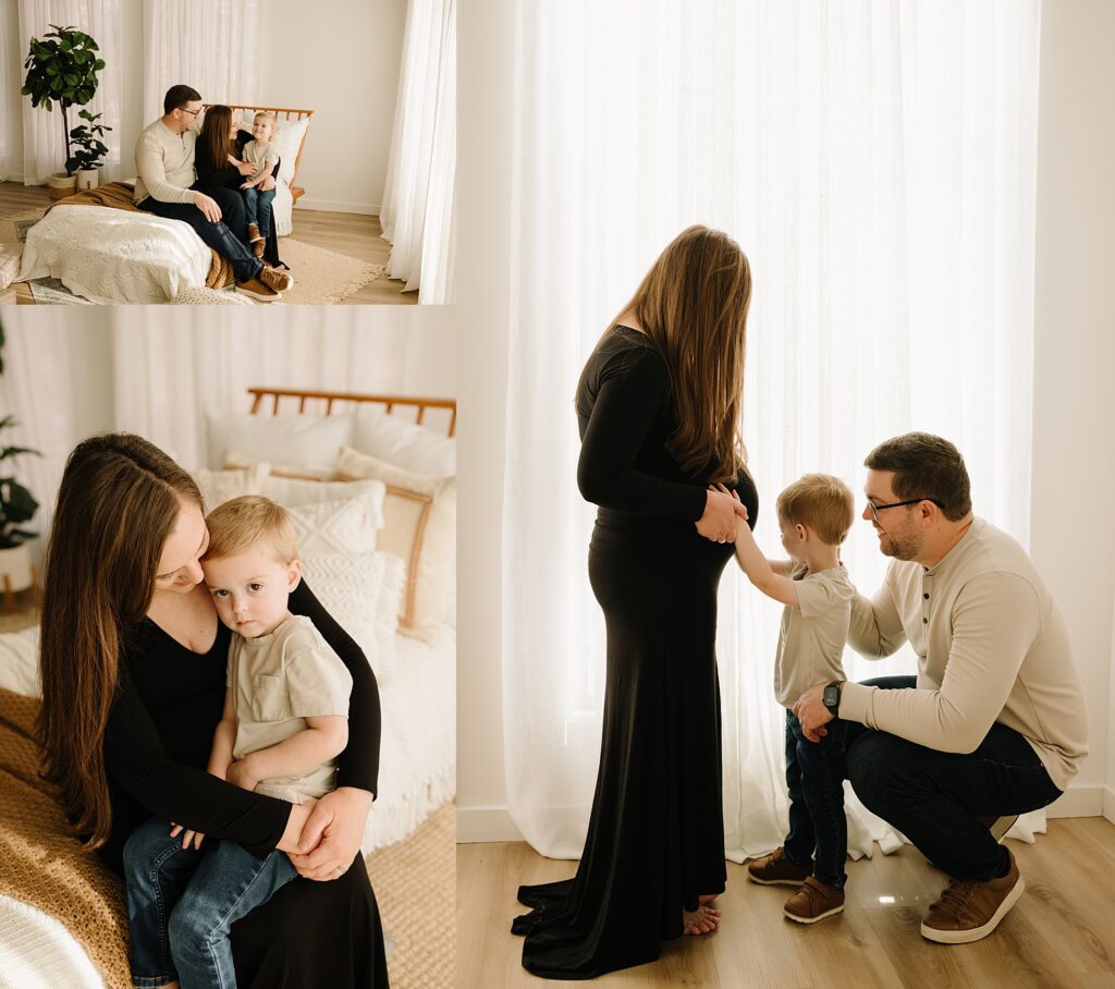 Pregnant woman with family celebrating last trimester moments at home.